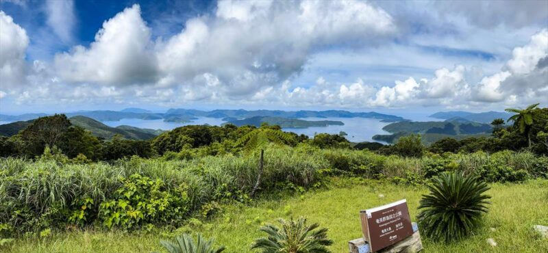 大島海峡と加計呂麻島が複雑に絡むパノラマ風景